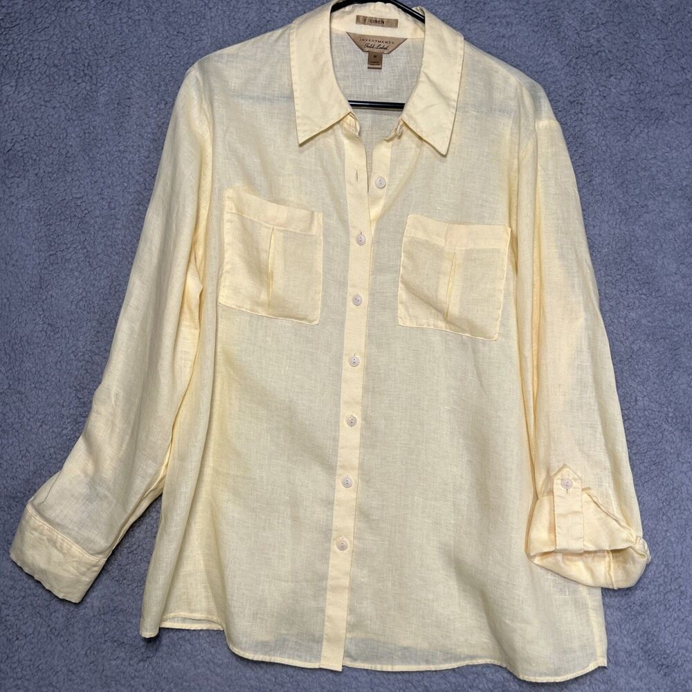 Gold Label Investments Women’s 18 Yellow Linen Button Down Roll Tab Collar Shirt